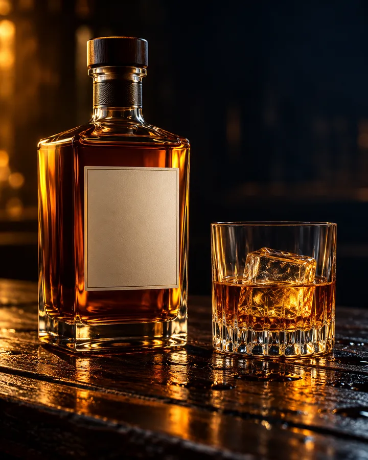 Whisky bottle and a glass with ice