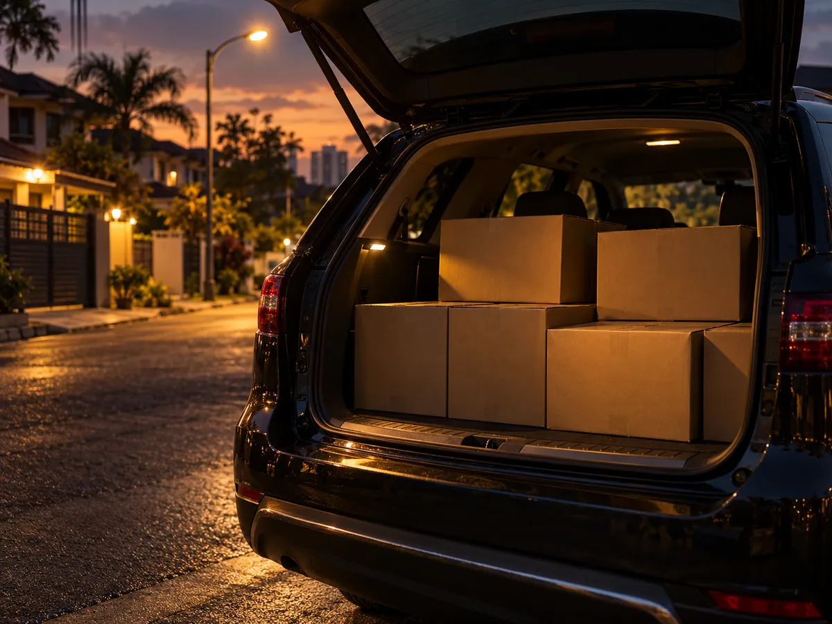 Beer cartons in a car boot ready for delivery in Johor