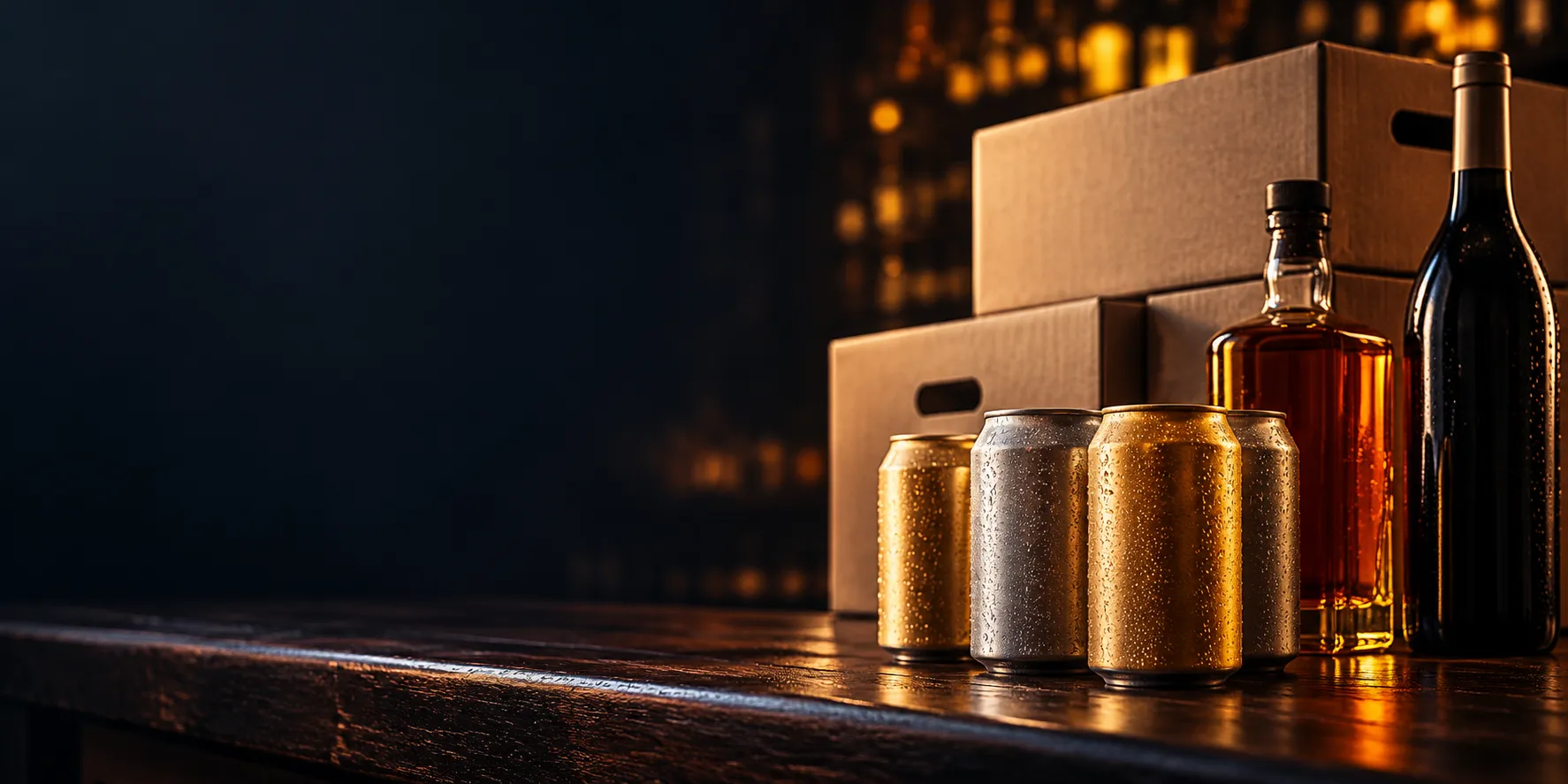 Beer cans, beer cartons, whisky and wine on a bar counter